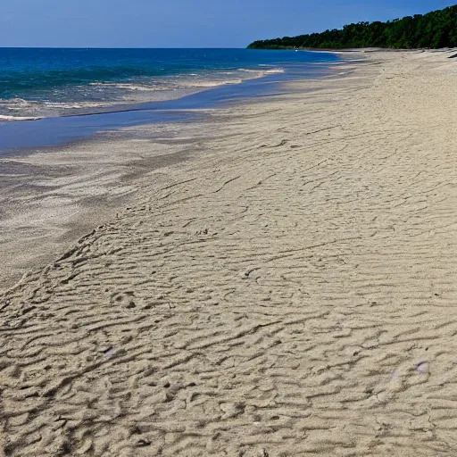 Image similar to deep dark hole on a sandy mississippi beach, no trees no palm trees, no rocks.