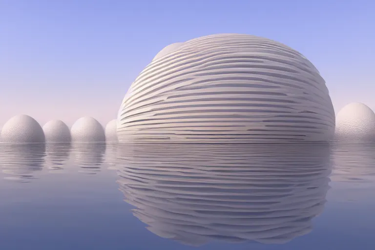 Image similar to 2 0 white round soft egg shaped buildings intersect up and down to form a post - modern building, by pierre bernard, on the calm lake, people's perspective, future, interior wood, dusk, unreal engine highly rendered, global illumination, radial light, internal environment