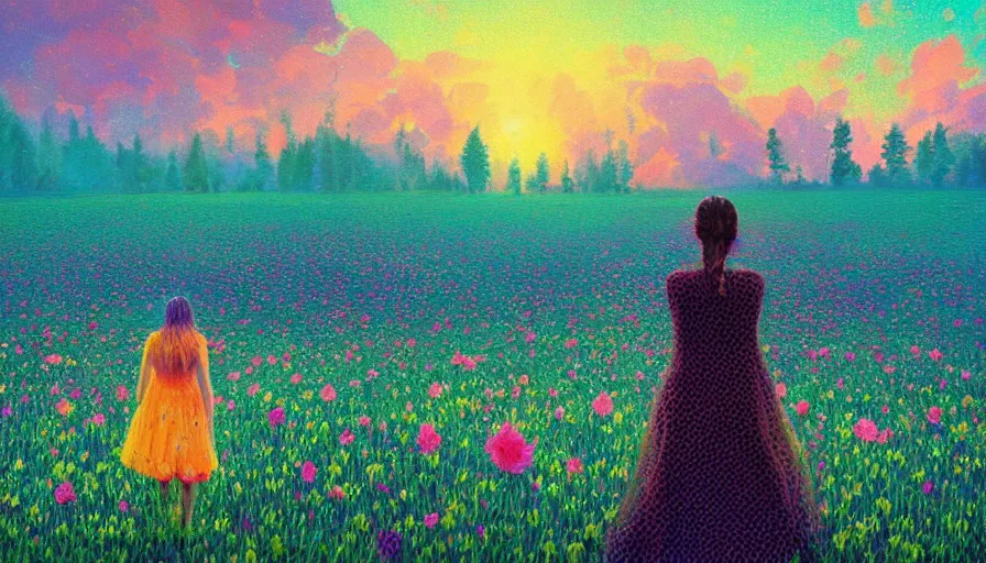 Image similar to girl with a flower face, surreal photography, dream, standing in flower field, hills, big trees, sunrise dramatic light, impressionist painting, colorful clouds, digital painting, pointillism, artstation, simon stalenhag, flower