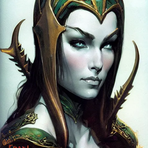 Image similar to elven queen character portrait by frank frazetta, fantasy, dungeons & dragons, sharp focus, beautiful, artstation contest winner, detailed