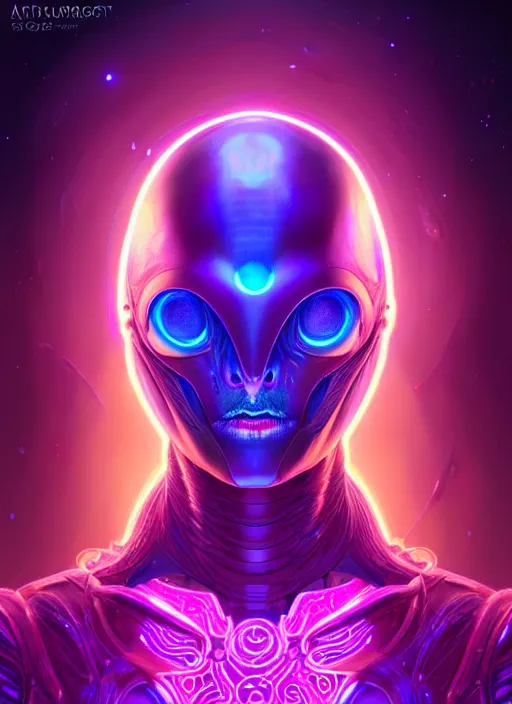 Image similar to a machine alien faceless glowing liquefied stardust adventurer, dnd fantasy character, full body portrait, glowing neon skin, magical aura, ultra realistic, intricate, elegant, highly detailed, digital painting, artstation, smooth, sharp, focus, illustration, art by artgerm and greg rutkowski and alphonse mucha and dan mumford, sacred geometry