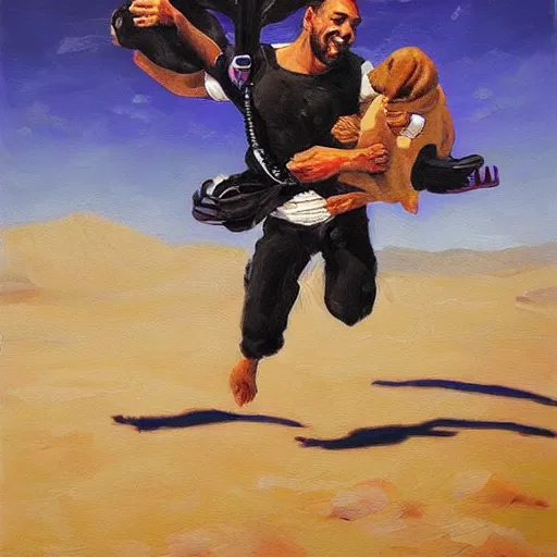 Image similar to egyptian man with long curly hair skydiving alongside small black puppy, fine art oil painting, figurative painting