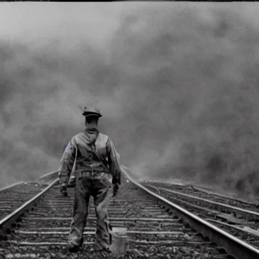 Image similar to the disembodied spirit of a dangerous railroad worker, Boxcar on the railroad, Cinematic, 35mm, film still from a horror movie