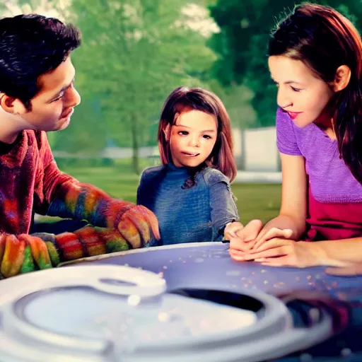 Prompt: a young family scene from a future world where nanotechnology is ubiquitous