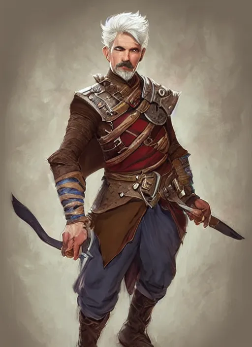 Image similar to young man with short white hair and moustache, dndbeyond, bright, colourful, realistic, dnd character portrait, full body, pathfinder, pinterest, art by ralph horsley, dnd, rpg, lotr game design fanart by concept art, behance hd, artstation, deviantart, hdr render in unreal engine 5