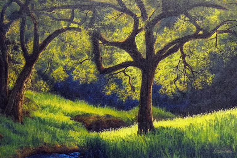 Image similar to masterpiece painting of oak trees on a hillside overlooking a creek, dramatic lighting, by paul o. zelinsky