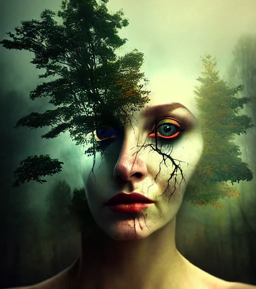 Prompt: double exposure effect, forest and face, single face portrait. complex hyper-maximalist overdetailed beautiful but terrifying, cinematic cosmic scifi portrait of an elegant very attractive but wild and dangerous witch antropomorphic female warrior god by andrei riabovitchev, tomasz alen kopera, oleksandra shchaslyva alex grey and bekinski. Fantastic realism. Extremely ornated with laced bone, branches with big thornes and green poisonous steam. Volumetric soft green and red lights. Omnious intricate. Secessionist style ornated portrait illustration. Poison goddes. Slightly influenced by giger. Zerg human hybrid goddes. Unreal engine 5. Focus on face. Artstation. Deviantart. 8k 4k 64megapixel. Cosmic horror style. Rendered by binx.ly. coherent, hyperrealistic, lifelike textures and only one face on the image.