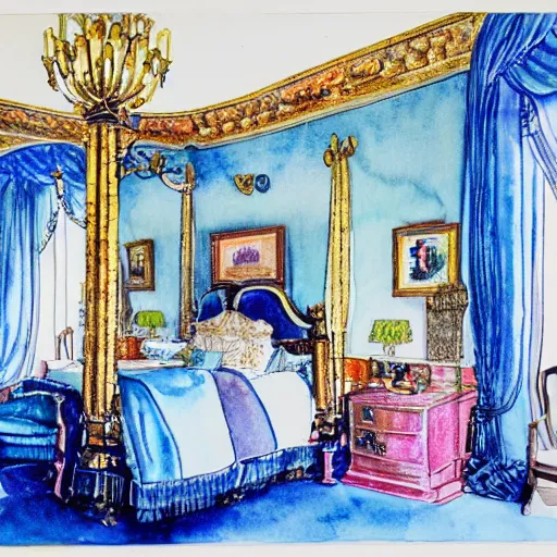 Prompt: watercolor and ink drawing of the Queen's bedroom highly detailed beautiful colors