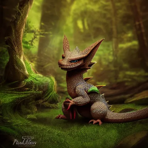 Prompt: very very very very cute chibi baby dragon, portrait, pixar style, forest background, cinematic lighting, award winning creature portrait photography