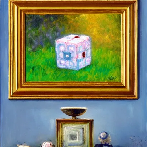 Image similar to beautiful impressionist painting of companion cube