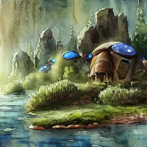 Prompt: beautiful happy picturesque charming sci - fi organic homes in a beautiful natural scene. water, trees and rocks. beautiful light. grainy and rough. soft colour scheme. beautiful artistic detailed watercolor by lurid. ( 2 0 2 2 )