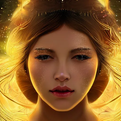 Image similar to highly detailed digital painting portrait of a beautiful goddess by wlop, bright light emerging from her eyes, with small diadem, with lots of thin ornaments, curves and chaotic fractal art inlays, intricate, 8 k, golden aura, cinematic light, background atmospheric effects, sparkles, light rays, mixed with mucha style