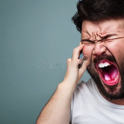 Image similar to man screaming into the face of a baby, the baby is crying, stock photo