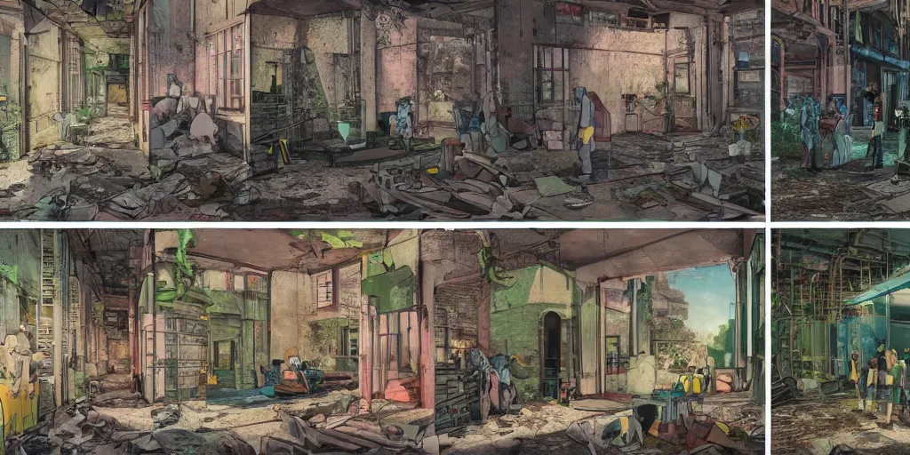 Prompt: full page comic book drawings of desolate urbex scenes urban hell on a hot summer evening, tropical color palette, by carel willink and gregory crewdson, moebious, jean giraud, comic book panels, octane render