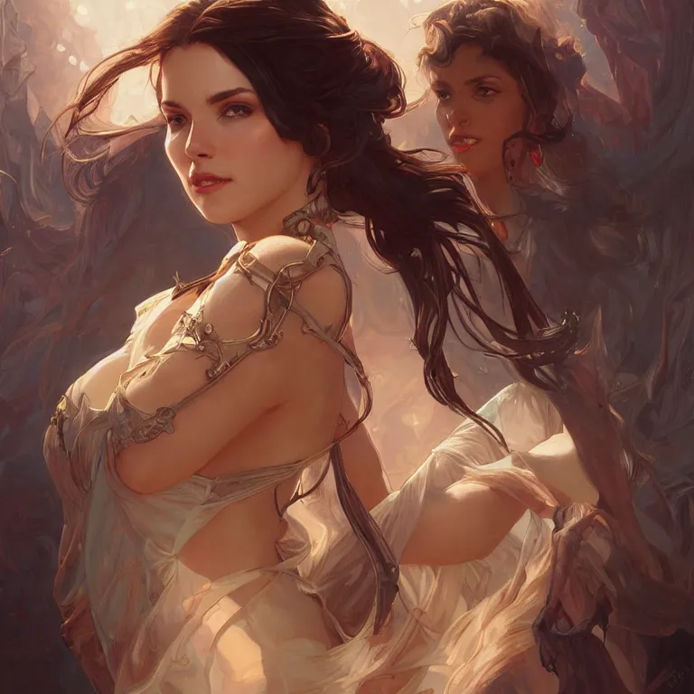 Image similar to portrait of a hot woman, D&D, fantasy, highly detailed, digital painting, artstation, smooth, sharp focus, illustration, art by artgerm and greg rutkowski and alphonse mucha