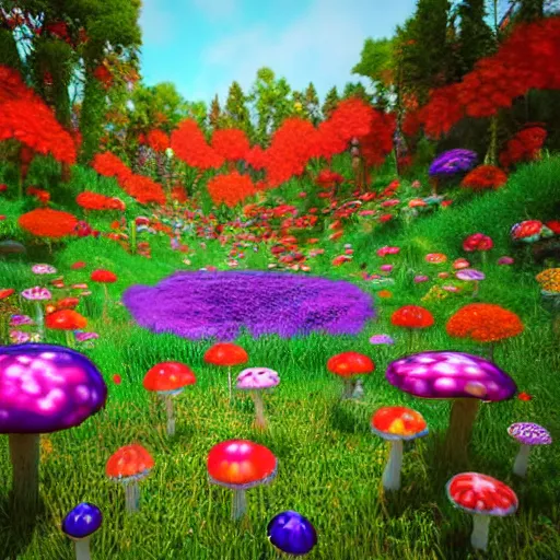 Image similar to Floral psychedelic apocalypse caused by the crashing of the Murakami flower meteor in the peaceful village of mushrooms, unreal engine 5 render, art by Takashi Murakami, Meteor made out of Murakami flowers, tiny mushroom village