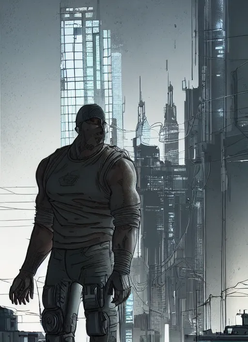 Image similar to Dumb Bubba. Buff cyberpunk meathead trying to intimidate hacker. Large man looms over hacker. Realistic Proportions. Concept art by James Gurney and Laurie Greasley. Moody Industrial skyline. ArtstationHQ. Creative character design for cyberpunk 2077.