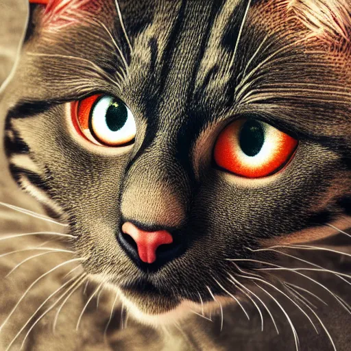 Image similar to a cat embroidered with sequins, hyperrealistic, textured, animal portrait, 3 d render, f 2. 8