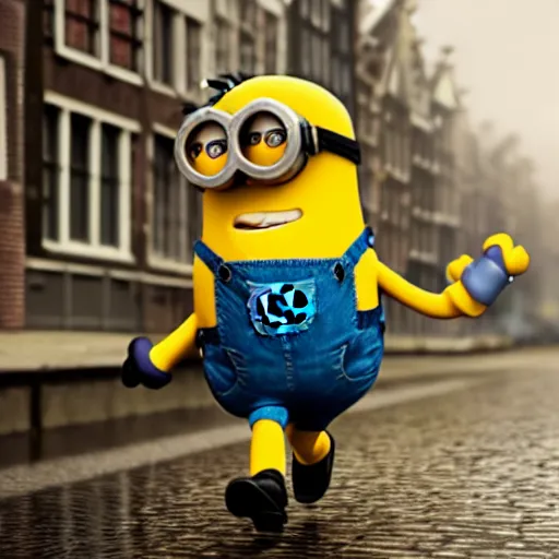 Image similar to a super cute minion walking on the streets of amsterdam in the rain, movie still, photorealistic 4 k