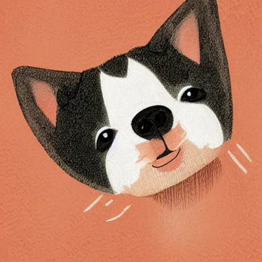 Image similar to masterpiece detailed illustration of a cute dog that combines the style of michael foreman and jane clarke. the colors are soft and muted.