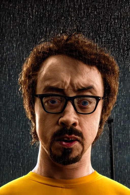 Prompt: A still of Sam Hyde as Bruce Lee, close-up, sigma male, rule of thirds, award winning photo, unreal engine, studio lighting, highly detailed features, raining, ethereal lighting