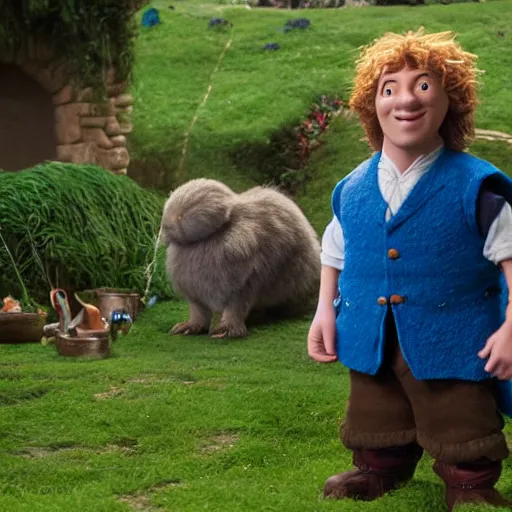 Image similar to hobbit wearing a blue vest and white sash, a british lad as Bartook a teen hobbit with short curly dark brown hair wearing a blue vest with a white sash standing next to a giant rabbit, high resolution film still, movie by Peter Jackson