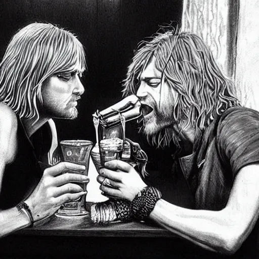 Prompt: a close - up stunning fantasy scene of kurt cobain drinking at a bar with layne staley | highly detailed | very intricate