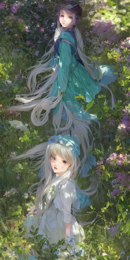 Image similar to a digital art full of atmosphere of a loli with long hair in a dress in the privet garden at after noon, green and warm theme, blue accents, low angle, back lighting, highly detailed, 4 k resolution, trending on art station, by krenz cushart and mucha and akihito yoshida and greg rutkowski and