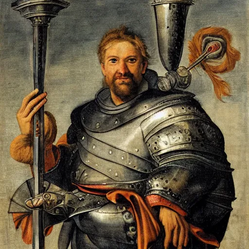 Image similar to donald trump, wearing knight ’ s armor, holding a spectacular broadsword, by annibale carracci, two arms, two legs, donald trump, symmetrical face, highly detailed face, perfect face