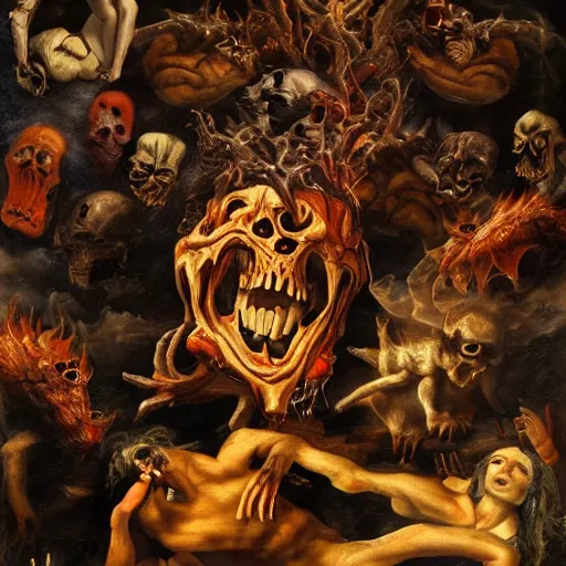 Image similar to beautiful hellish creature of scary doom, master renaissance painting, photorealism, 8k, high detail