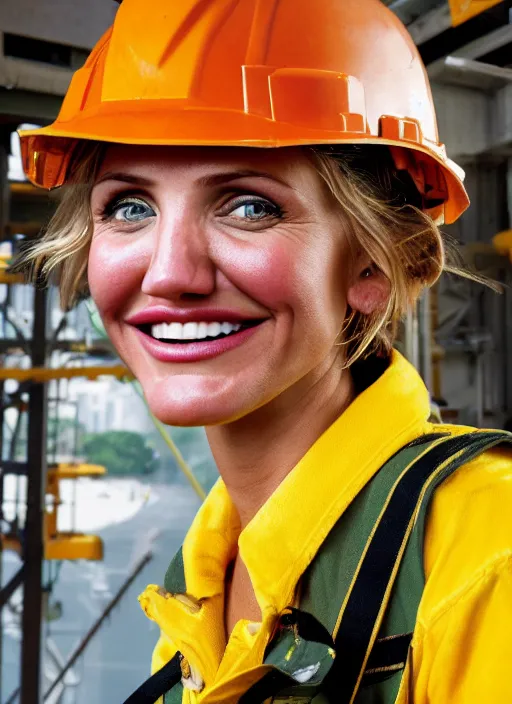 Image similar to closeup portrait of cheerful young cameron diaz as a crane operator, yellow hardhat, sitting in a crane, natural light, bloom, detailed face, magazine, press, photo, steve mccurry, david lazar, canon, nikon, focus