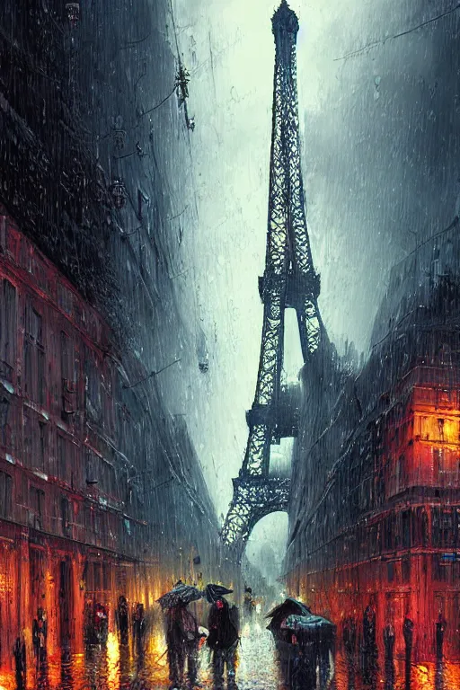 Prompt: beautiful digital illustration Paris city in the rain cyberpunk by Marc Simonetti