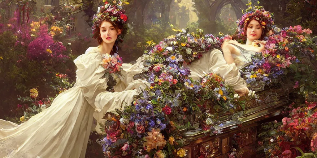 Prompt: portrait of a beautiful mysterious woman holding a large bouquet of flowing flowers, lying in an elaborate coffin, fantasy, regal, intricate, by stanley artgerm lau, greg rutkowski, thomas kindkade, alphonse mucha, loish, norman rockwell