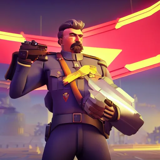 Image similar to joseph stalin is the newest overwatch character, kings row in the background, octane render, blender render, unreal engine, action shot, cinematic lighting, symmetrical