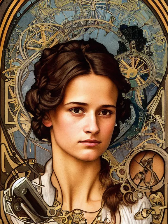 Prompt: an art nouveau style head and shoulders portrait oil painting of a pretty young alicia vikander as a mechanic in a dirty coveralls holding a wrench, in front of a round, complex rotary airplane engine, intricate, detailed, smooth, complex, elaborate, by alphonse mucha and james gurney and john william waterhouse