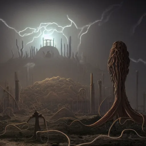 Prompt: Giant smoke monster coming out of the ground, thick swirling smoke, Nyarlathotep, Tentacles, mist, dramatic lighting, Byzantine ruins, surrounded by priests, desert, cinematic, trending on artstation