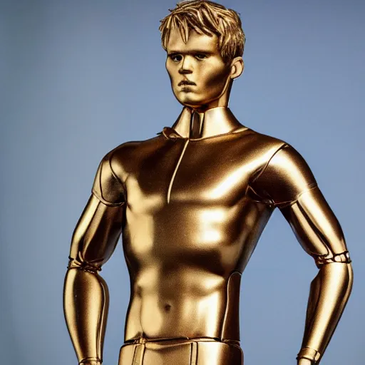 Image similar to a realistic detailed photo of a guy who is an attractive humanoid who is half robot and half humanoid, who is a male android, soccer player martin ødegaard, shiny skin, posing like a statue, blank stare, in a living room, on display, showing off his muscles, gold soccer shorts