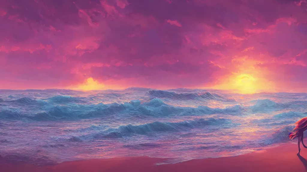 Image similar to a pink beach with impossibly large waves crashing against the shoreline, beautiful twilight sunset background, by sylvain sarrailh, rossdraws, ambient light, ultra detailed, fantasy artwork, 8 k, volumetric lighting, trending on artstation, award winning, very beautiful.