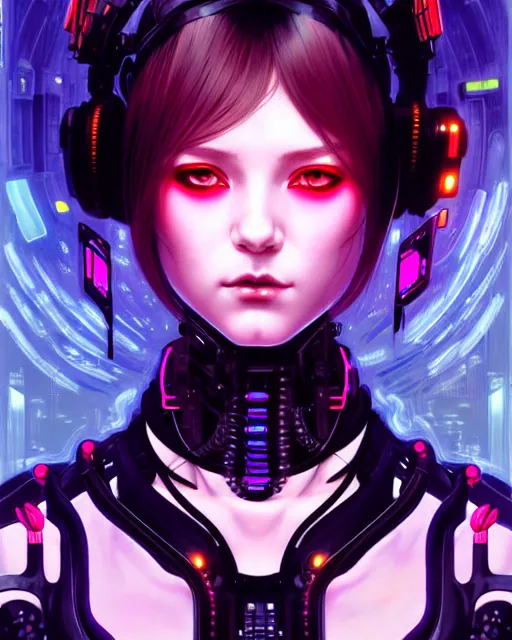 Image similar to portrait of beautiful cute cyborg maiden goth girl in latex, cyberpunk, warhammer, neon night city, high details, art by ( ( ( kuvshinov ilya ) ) ) and wayne barlowe and gustav klimt and artgerm and wlop and william - adolphe bouguereau