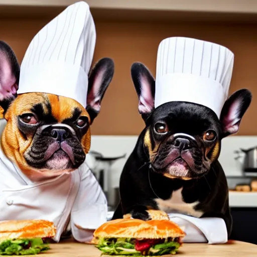 Prompt: a 8k highly detailed still photo by David Bailey of Two multi-colored French Bulldogs in chef hats and aprons starring on a cooking show, a high end restaurant kitchen in the background, bokeh