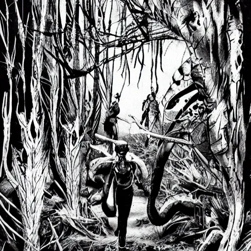 Image similar to sci - fi, hunters of monsters walking in a meat and bone forest, art by tetsuo hara