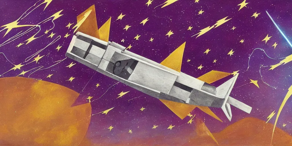 Image similar to textured art deco painting of astronaut, flying from bottom left to top right, muted, geometric, gold and deep purple background with lightning bolt