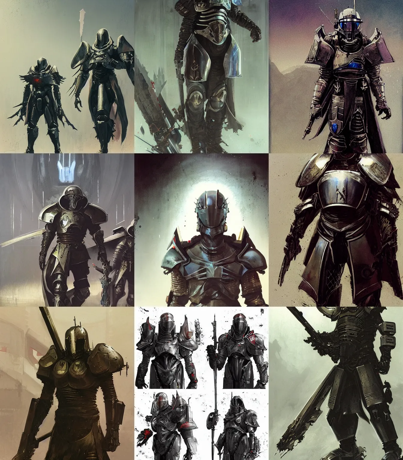 Image similar to Knights Templar wearing sci-fi destiny video game armor concept art, muted colors, intricate painting, by John Harris, Emil Melmoth, Craig Mullins, yoji shinkawa, artstation, moebius comic, Marc Simonetti, lan McQue, Kentaro, Miura, hyper detailed, cinematic