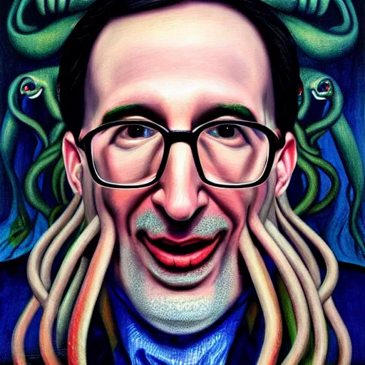 Prompt: Cthulhu is John Oliver, oil painting, hyper detailed, hyper realistic, by Botticelli, portrait