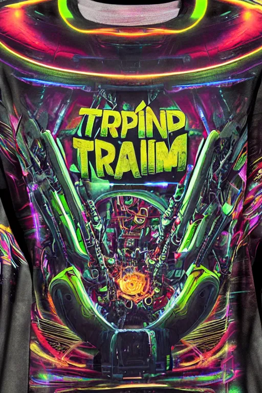 Image similar to a band shirt, printed tshirt with bandname is tripmachine, tourname is invasion of the tripmachines, realistic digital art, 3 d render of a huge futuristic steampunk generator, 8 k, fluorescent colors, halluzinogenic, multicolored, exaggerated detailed, unreal engine