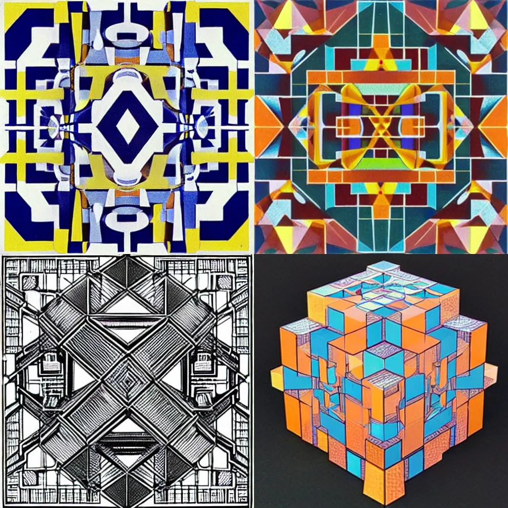 Prompt: hypercube tesselation, by Eduardo Paolozzi/M.C. Escher