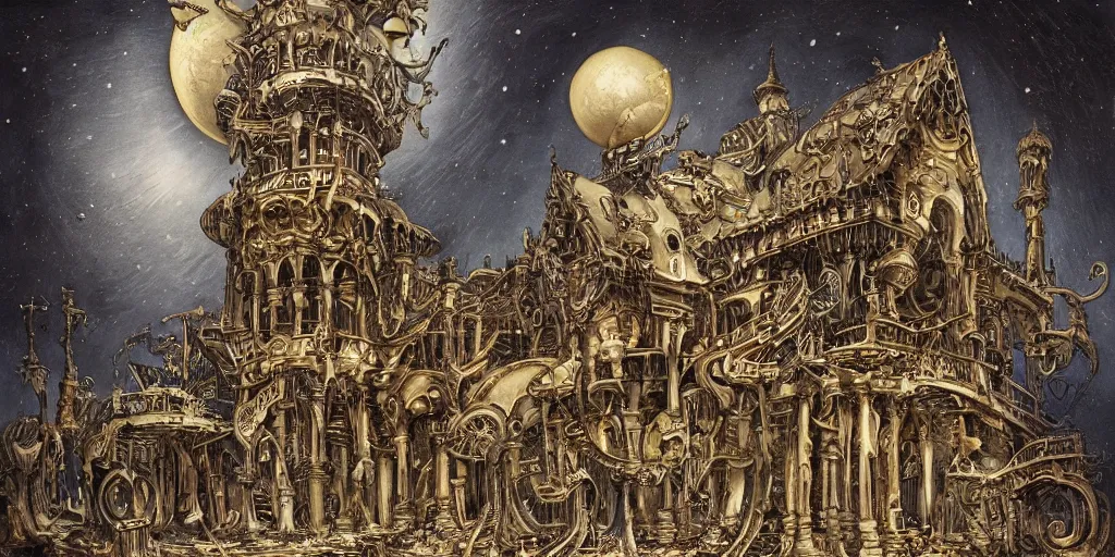 Image similar to a beautiful painting of skeleton fantasy gold world with architecture design haasan fatahy by aaron horkey, trending on artstation