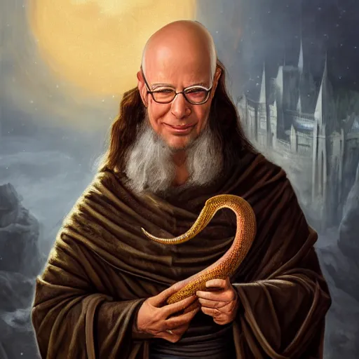 Image similar to a detailed fantasy character painting of Klaus Schwab holding a snake, dressed like Jesus Christ, black glowing eyes, by lauri blank, artgerm, evelyn de morgan, 8K, 50mm lens