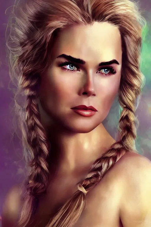 Image similar to mix of beautiful young maria shriver, mariel hemmingway, brooke shields, nicole kidman and elle macpherson as a mermaid, thin lips, hair tied up in a pony tail, darke blonde hair, colorful, artstation, cgsociety