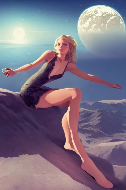 Image similar to Beautiful Woman sitting on the moon with a view of the earth in the background, digital painting, highly detailed, artstation, concept art, smooth, sharp focus, illustration.